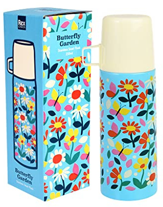 Rex London Thermosflasche mit Becher - Motiv Schmetterling + Blumen, 350 ml, Edelstahl, BPA-frei, 24 Stunden heiß, Thermoskanne