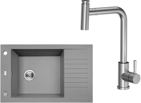 VBChome Spülbecken mit Armatur 78 x 50 cm Grau Granit Einzelbecken Einbauspüle gesprenkelt reversibel Verbundspüle + Siphon + Armatur