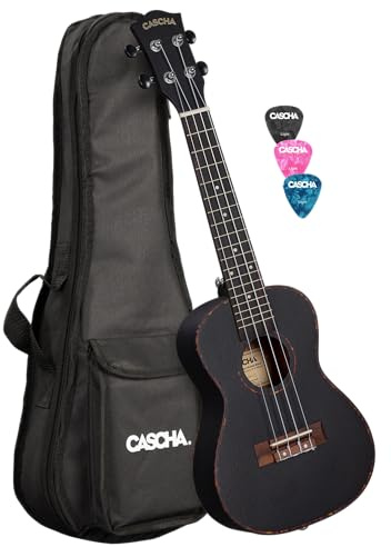 CASCHA Mahagoni Black Konzert Linkshänder Ukulele Erwachsene & Kinder - inkl. 3 Plektren & gepolsterte Tasche - Mahagoniholz-Ukulele für Anfänger & Fortgeschrittene - Aquila Nylon-Saiten