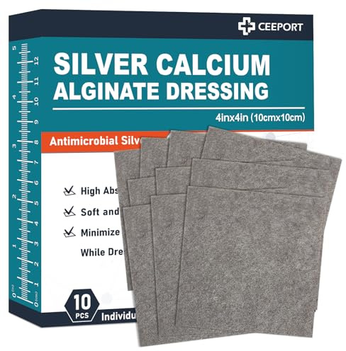 Ceeport Ag Silver Calcium Alginate Wound Dressing Pads, 4''x4'' Patches, 10 Individual Pack, Soft Silver Dressings for Wound Care, Gentle Highly Absorbent Dressing, Non Stick Gauze Pads for Wounds