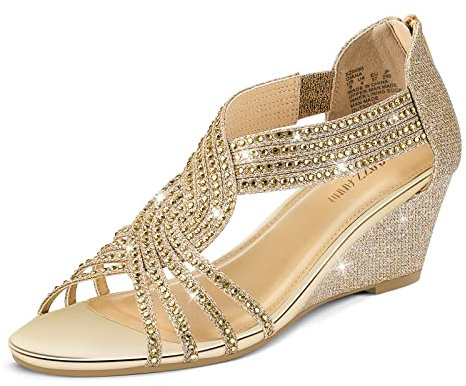 PIZZ ANNU Sandalen Damen Glitzer Strass Sandaletten mit Keilabsatz Reißverschluss Plateau Sommer Frauen Schuhe Keilsandalen Elegant Bequem Sommerschuhe Gold EU 39