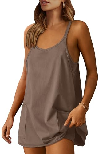ANRABESS Women Athletic Dress Summer Tennis Workout Active Sports Mini Romper Dress Built in Shorts Travel Vacation Clothes Coffee Medium