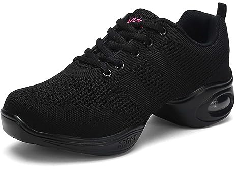 SECHRITE Jazzschuhe Damen Jazz Schuhe Tanzschuhe Tanzsneaker Modern Mesh Geteilte Sohle Lace Up Luftkissen Schuhe Sportlich Fitness Wanderschuhe Schwarz 38 EU