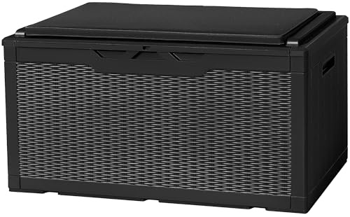 Flamaker Deck Box with Cushion 100 Gallon Waterproof Resin Storage Box with Air Rod Indoor Outdoor Lockable Storage Bench for Patio Furniture, Tools, Pool Accessories (Black)