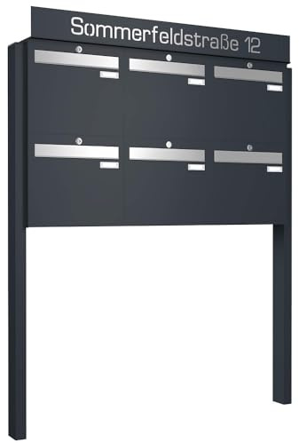 Frabox Briefkastenanlage 6fach Briefkasten personalisiert freistehend XXL Standbriefkasten RAL 7016 Postkasten Standfuß anthrazit-grau Mehrfamilienhaus Gewerbe ohne Zeitungsfach Made in Germany LUIS