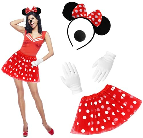 FainFun Costume da Topo Donna, 4 Pezzi, Carnevale, Principessa, Mascherata, Tutù, Fascia per Capelli, Guanti, Naso, Adulti, Femminile, Costume, Unica