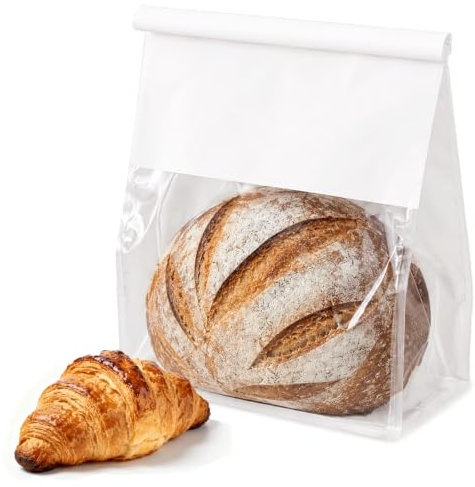 Roppolo 50 bolsas de pan de 8.6 pulgadas con lazo de estaño, bolsas grandes para pan hechas de papel de algodón blanco, bolsa de embalaje de almacenamiento con ventana transparente para panadería,