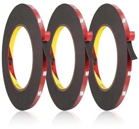 3 Stück Doppelseitiges Klebeband, 8m x 10mm Montageband Extra Stark Wasserdichtes Montageklebeband, klebestreifen für Wand und LED Streifen, Auto, Heim Büro, Hergestellt aus 3M VHB Klebeband