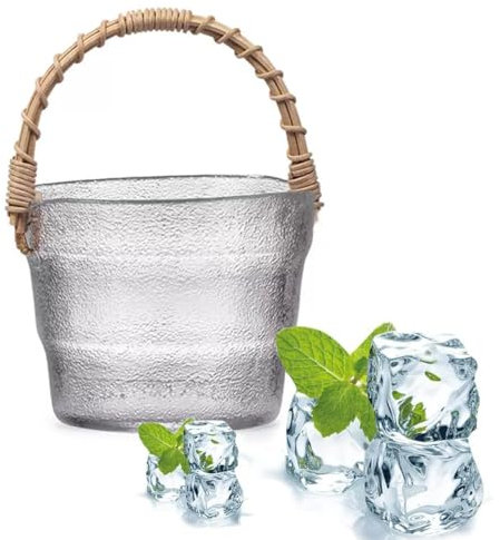Small Glass Ice Bucket, Bamboo and Rattan Handle, Portable Household Storage Fruit Basket, Beverage Cooler Bucket, for Wine, Champagne or Beer Bottles (Size : 13 * 13 * 10cm)