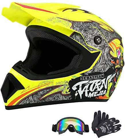 HaTur Motorradhelm Motocross-Helm Dirt Bike Helme Off-Road-Helm mit Handschuhen Schutzbrille für Unisex Jugend Erwachsene (Gelb, M)