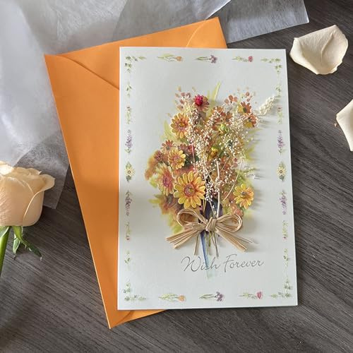 Dried Flower Greeting Card, Bouquet 3D Popup Greeting Cards, Chrysanthemum Pop up Card, Family Gifts Birthday Card for Women Girls with Envelope, Thank You Card, Anniversary Card, Valentine Day Card