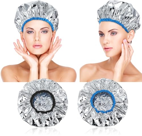 Lot de 2 bonnets chauffants pour traitement de l'huile - Double couche en feuille d'aluminium - Réutilisables - Pour teinture des cheveux longs et épais - Noir et bleu