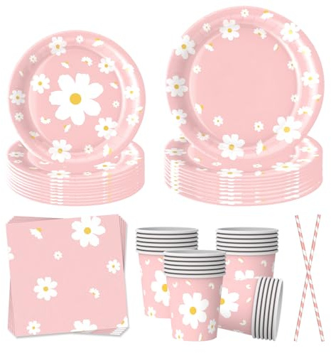 EVYIENEN 50 Stück Gänseblümchen Partygeschirr, Weiße Gänseblümchen Geburtstag Party Geschirr Set, Happy Birthday Partyteller Geburtstagdeko für Kinder Geburtstag Party Dekorationen aus Papier