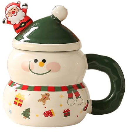 VollfitYYu Weihnachtsbecher Neuartige 3D Weihnachtstasse 400ml Keramik Kaffeetasse mit Deckel und Löffel Geschenk für Frauen Männer Mädchen Freunde (Grün-Mütze-Schneemann)