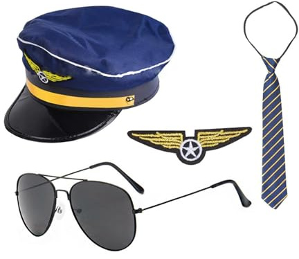 Pilot Costume Accessories Airplane Hat Captain Hat Pilot Sun Glasses Tie Dress up Accessory for Men Halloween Party Cosplay