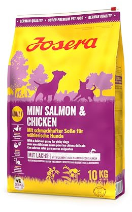 JOSERA Mini Salmon & Chicken (1 x 10 kg) | Adult Mini | Premium Trockenfutter für ausgewachsene Hunde Kleiner Rassen | kleine Kroketten | mit leckerem Soßenpulver auch nass zu verfüttern | 1er Pack