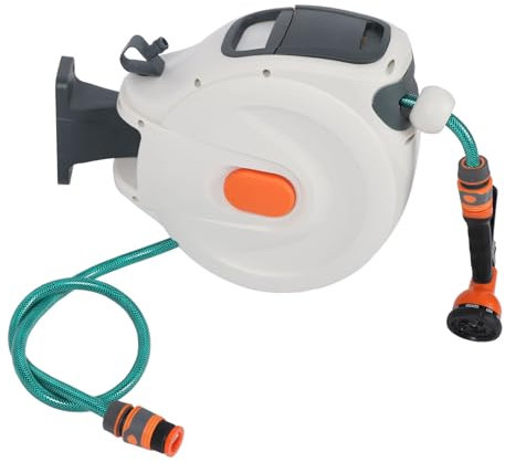 Retractable Garden Hose Reel, Water Hose Reel Wall Mount Heavy Duty 10m/32.8ft, 8 Spray Nozzle, 180° Bracket, Slow Return System with for Multi Directional Watering