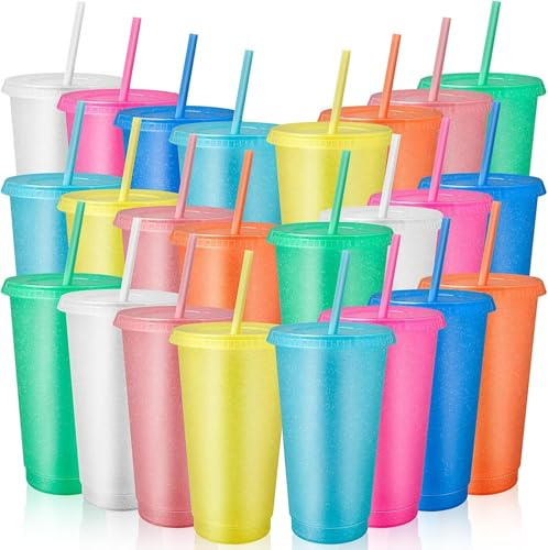 TESIN 24 Stück Plastikbecher mit Deckel und Strohhalm, 700 ml wiederverwendbare Trinkbecher, bunte Plastikbecher für Partys Geburtstage Eiskaffeebecher Becher für Kaltgetränke Becher in großen Mengen