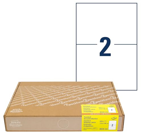 AVERY Zweckform 8026 fraktetiketter (600 självhäftande etiketter A5, 210 x 148 mm på A4, tryckbara fraktklistermärken för Hermes, DHL, GLS, DPD, UPS, Fedex, självhäftande adressetiketter, 3655) 300