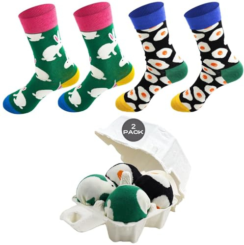 Ourdort 2 Pares Calcetines Divertidos De Pascua Con Caja Huevos, Regalos Divertidos Para Mujer, Hombre Y Niños, Diseños Conejos/Huevos Verde/Negro - Algodón Transpirable, Talla Única 32-44