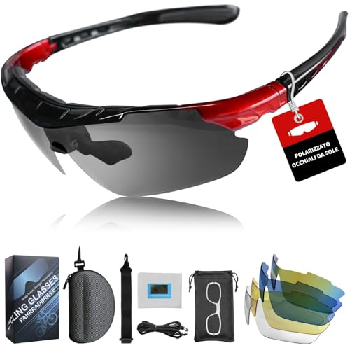 Giyim Occhiali Veloci Uomo - Polarizzati Occhiali Ciclismo Uomo e Donna, Occhiali da Sole Sportivi Ultraleggeri con Protezione UV400 e 5 Lenti Intercambiabili, per Guida, Ciclismo, Pesca e Sci