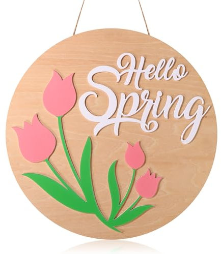 Cartello di Benvenuto Hello Spring, 30cm Cartello in Legno Primaverile per Porta d'Ingresso Decorazioni Primaverili Floreali per Porte Targa Floreale Primaverile per Porta per Portico