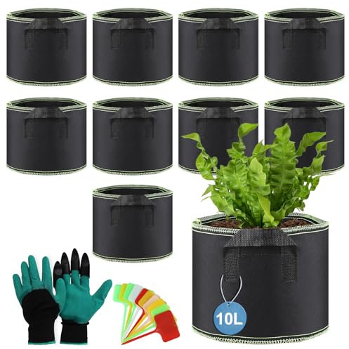 efuturetime 10 pcs. 10L Sac de Plantation Rond φ24 × 21.5 cm Pot en Tissu Respirant avec Poignée Panneaux Gant pour Légumes Fleurs Plantes Intérieur et Extérieur, Noir