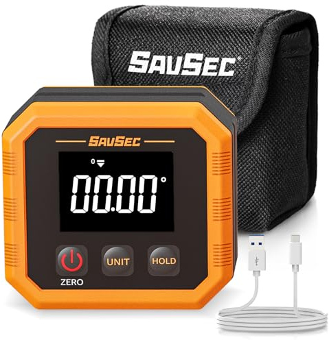 SAVSEC Uppladdningsbar digital vinkelmätare, vinkelsökare med magnetisk baksida och bas, LCD-lutningsmätare med 4 mätenheter, träbearbetningsverktyg för bygg, snickeri, mekanik IP54