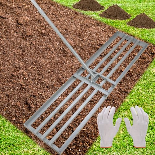 Rastrillo nivelador de césped – Rastrillo de nivelación de patio de acero galvanizado resistente con cabezal de estante ajustable de 48 x 12 pulgadas y mango extensible de 52 a 78 pulgadas, resistente