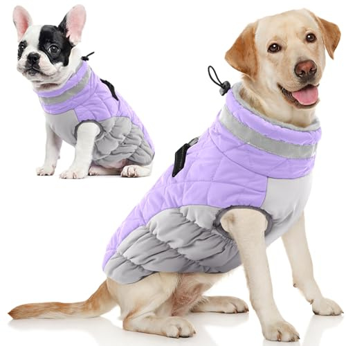 AOFITEE Dog Coat Warm Dog Winter Coat for Large Dogs with Harness Built in | Waterproof Turtleneck Large Dog Jackets Snowsuit for Cold Weather, Reflective Pet Fleece Coats for Border Collie, Purple XL