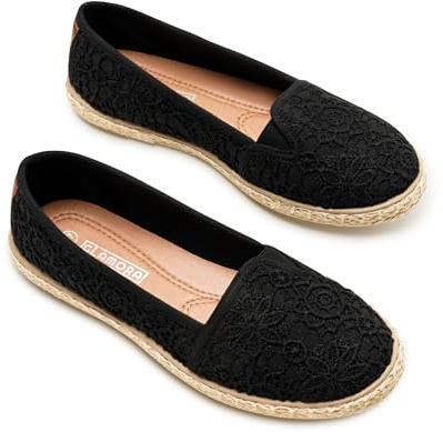 GLAMORA Alpargatas de Encaje con Suela de Esparto, Zapatos Planos Mujer Tipo Bailarinas Manoletinas Cómodas Slip On, Calzado Verano Ligero Transpirable Punta Redonda black-38