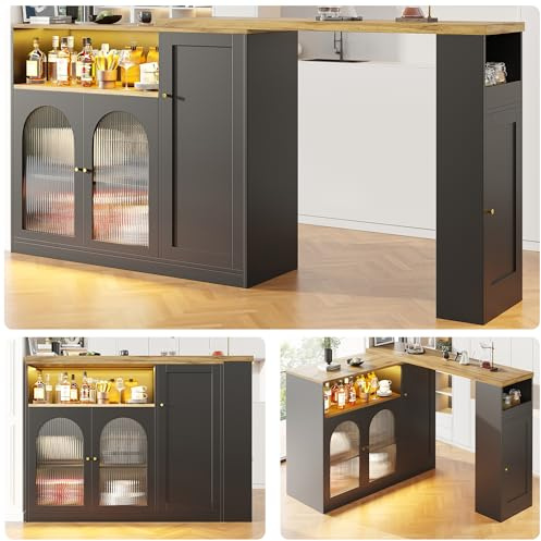 DRIXNO Um 360° drehbarer Bartisch (Hauptkörper: 198 x 39,6 x 97 cm), Mattschwarzer Schrank mit Schreibtisch in Holzmaserung, mit Changhong-Glasschranktür und LED-Licht, Sideboard