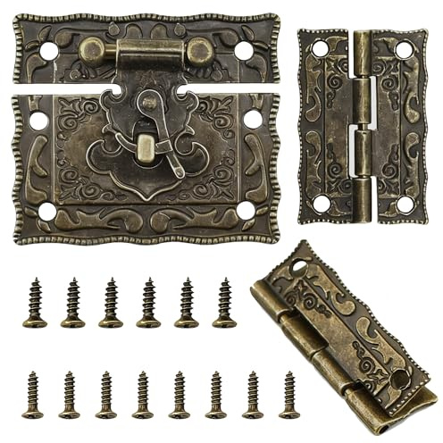 LE-stone 4 Sets Antique Rectangle Hasp Latch Embossing Right Hook Clasp Closure Hasp Latches Hinge Kit with Matching Screws for Wooden Case Jewelry Box Suitcase