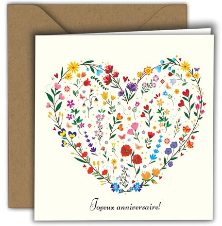 Edition Colibri Carte d’anniversaire Cœur de fleurs colorées – Joyeux anniversaire! | Carte pliée (15x15 cm) – avec enveloppe kraft – Intérieur vierge