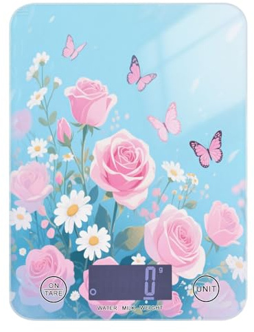 Bilancia per alimenti facile da pulire, 5 kg/5 g, rosa rosa e farfalle, con 4 unità per arrostire espresso cheto (batterie non incluse)