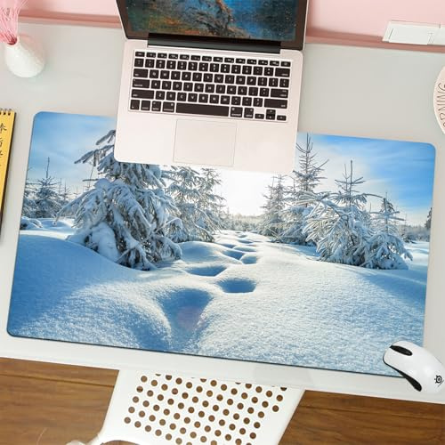 QRFASFZO Großer Mauspad - 80x30cm Gaming-Mauspad mit genähten Kanten, Nicht rutschender Unterlage,Zedernwald, die Sonne beleuchtet einen verschneiten Wald und bedeckte Kief,Schreibtischmatte und Maus