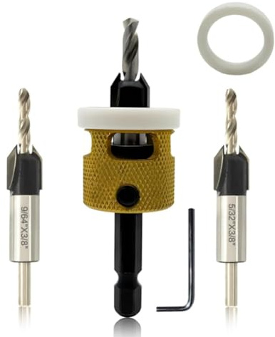 Flaroey Juego de Brocas Avellanadoras con Vástago Hexagonal, Brocas Avellanadoras para Carpintería de 1/8 Pulg., 9/64 Pulg. y 5/32 Pulg. + de Profundidad de Broca Ajustable