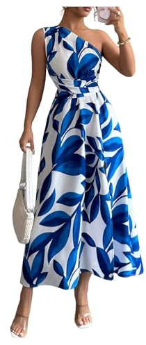 OYOANGLE Women's One Shoulder Slit Thigh Belted Dress Graphic Elegant Flared Long Dresses Blue Large
