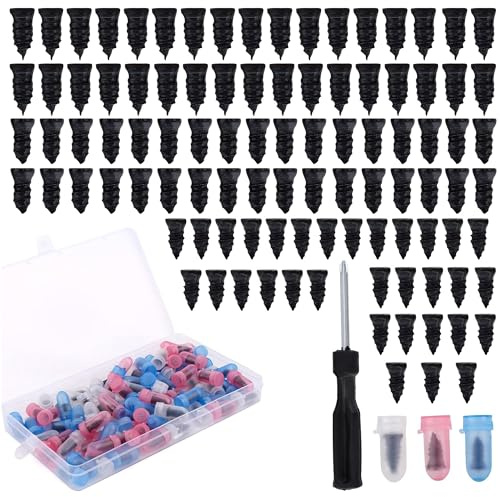 VLUNT 100pcs Screw in Tire Plugs Kit, 3 Sizes Tyre Repair Screws with Colour-Coded Case & 1 Screwdriver, Tubeless Tyre Puncture Repair Kit for Car, Motorcycle and Bike