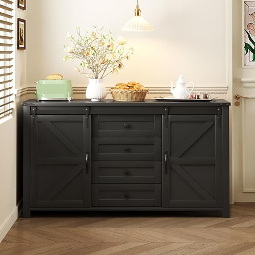 55.1-Inch Sideboard with Storage,Farmhouse Storage Cabinet with Sliding Barn Doors and 4 Drawers,for The Kitchen