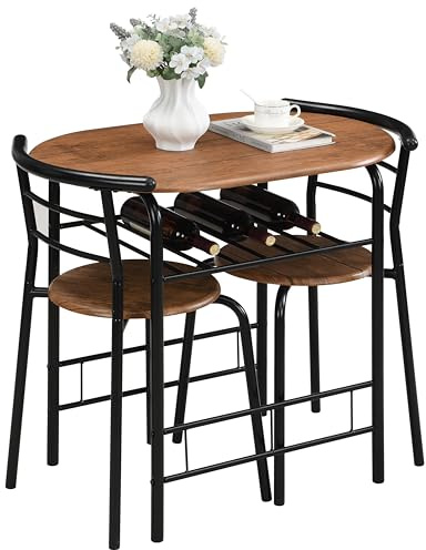 MOF Space Saving Table and Chairs Set for 2, Compact Small Dining Table Set with Storage Shelf, 3 Piece Kitchen Breakfast Table for Apartment, Studio Flat & Small Spaces (BROWN)