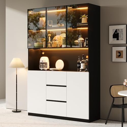 VIEKOS Vitrina de vidrio iluminada con LED 120×40×200 cm – Vitrina de vidrio templado con estantes abiertos, TRES cajones y dos puertas. Un armario versátil adecuado para sala de estar y comedor.