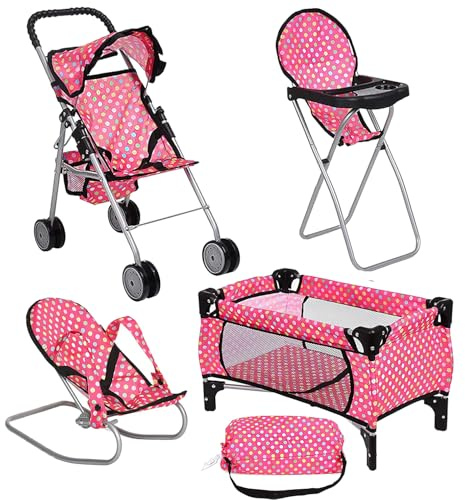 fash n kolor 4 Piece Doll Play Set, Includes - 1 Pack N Play. 2 Doll Stroller 3.Doll High Chair. 4.Infant Seat, Fits Up to 18'' Doll (4 Piece Set)