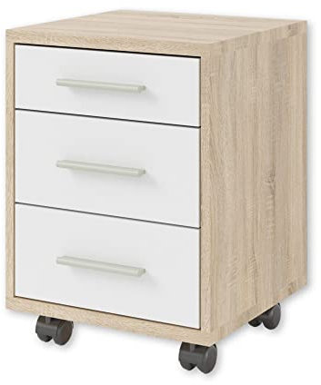 OFFICE LINE Rollcontainer Schreibtisch in Eiche Sonoma Optik, Weiß - Mobiler Büroschrank mit Schubladen - Modernes Büromöbel Komplettset - 40 x 56 x 40 cm (B/H/T)
