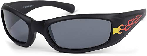 styleBREAKER Occhiali da sole sportivi per bambini con stampa a fiamme, montatura completa in plastica e lenti in policarbonato, stile sportivo 09020089, colore:Telaio nero/Vetro colorato grigio