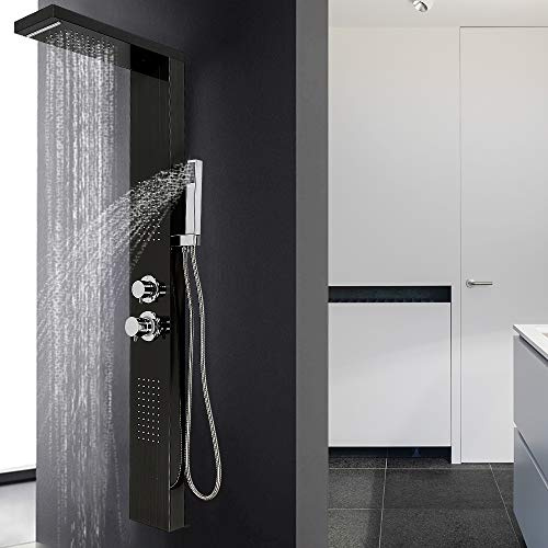 Panneau De Douche Hydromassante Thermostatique Colonne de Douche Colonne de Douche Thermostatique,Cascade et Douche,Acier inoxydable,Buse de massage (15 * 47 * 130cm, noir)