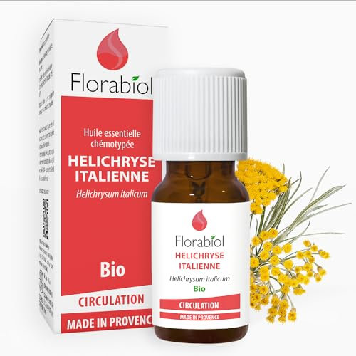 FLORABIOL | Huile Essentielle d'Hélichryse Italienne Bio | Tonique Circulatoire, Apaisante Cutanée, Rougeurs Diffuses, Bleus, Coups et Bosses | 100% Pure et Naturelle | Fabrication Française | 5ml