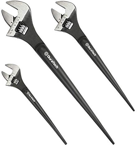 DURATECH 3-Piece Adjustable Construction Spud Wrench Set, 8-inch, 10-inch, 12-inch, Black Oxide Finish, CR-V Steel, SAE and Metric Scale Marked, Alignment Holes and Tail Crowbar Features