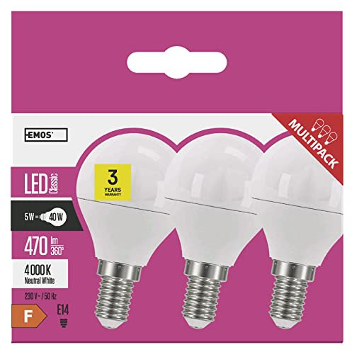 Emos Lot de 3 ampoules LED, 6 W, remplace l’ampoule à incandescence de 40 W, culot E14, 470 lm, blanche neutre, 4000 K, mini globe G45, durée de vie de 30 000 heures