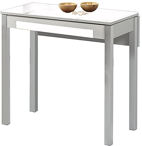 Mesa de Cocina Extensible 1 ala caida - 80x40 cm (80x60 cm) - Estructura y ala caida Color Aluminio - Tapa Cristal Color Blanca